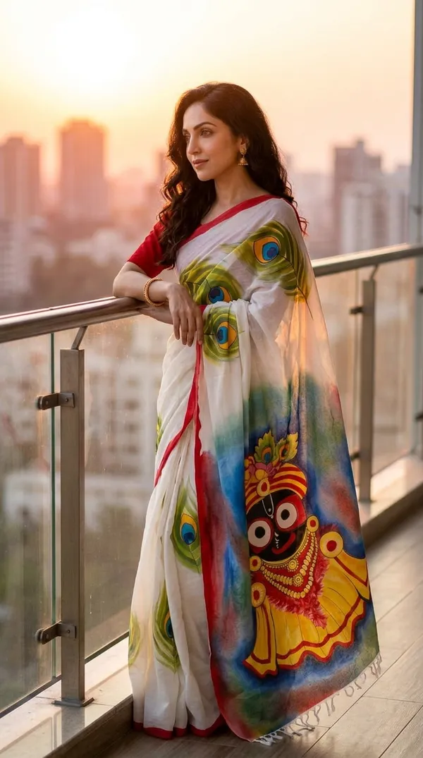 Adibani_Shree_Jagannath_White_Cotton_Hand-Painted_Saree_-_Pallu_Canvas_Collection
