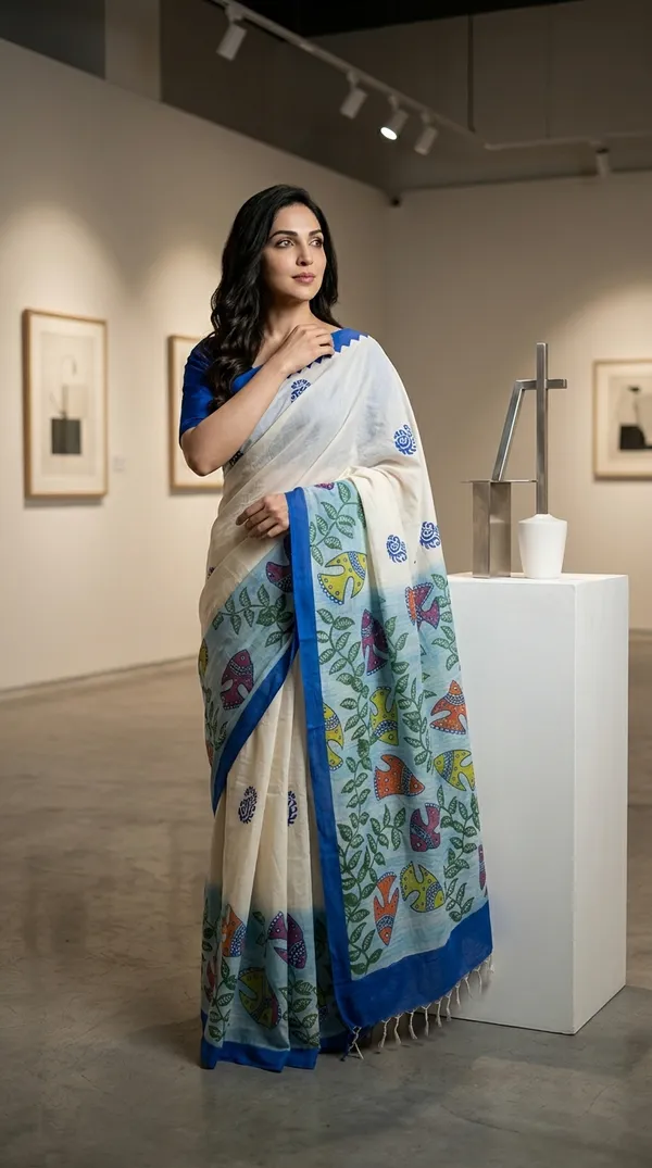 Cream_And_Blue_Matsya_Valli_From_Rangavali_Collection_-_Block_Printed_Sarees_By_Adibani