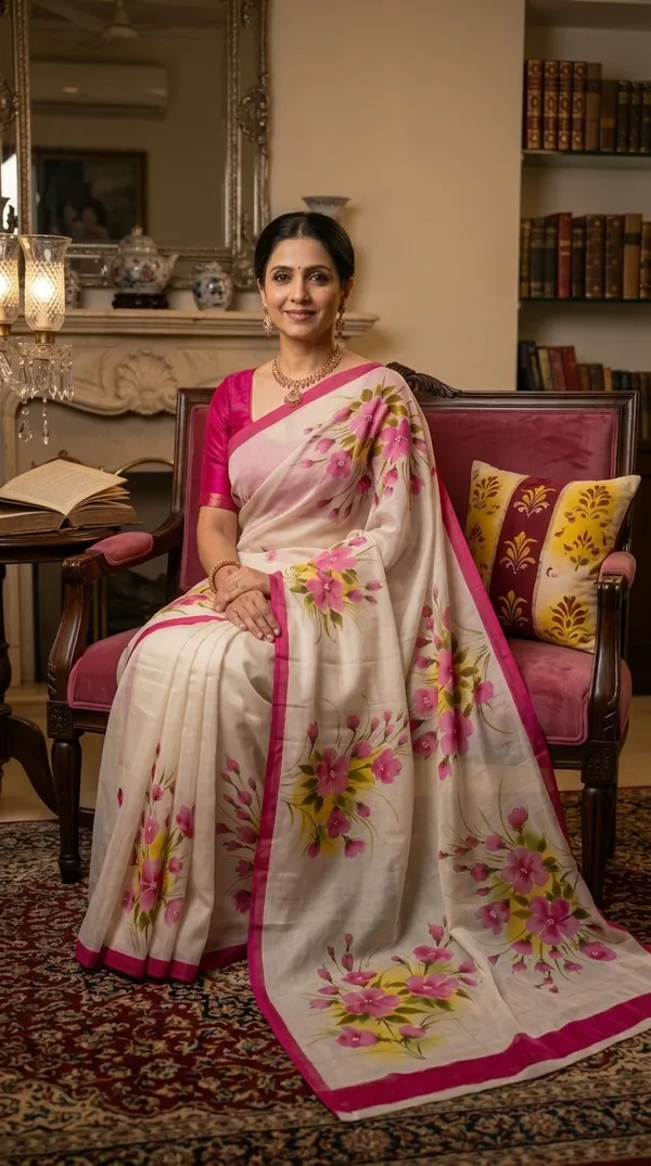 White_Cotton_Hand-Painted_Floral_Saree_For_Women