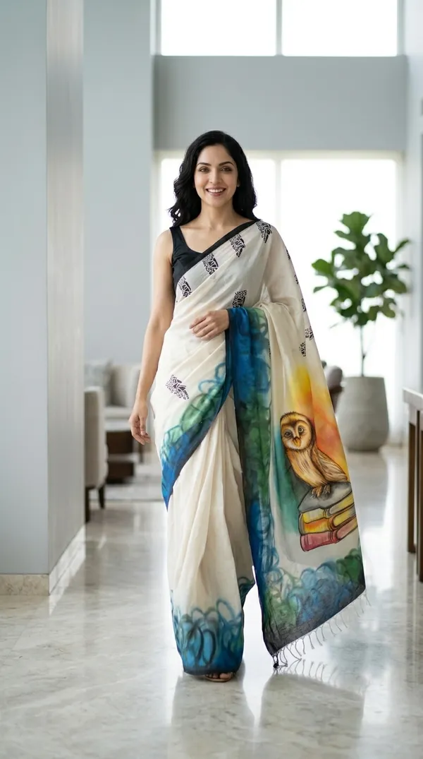 Adibani_Scholar_Owl_Ivory_Blue_Cotton_Hand-Painted_Saree_-_Pallu_Canvas_Collection