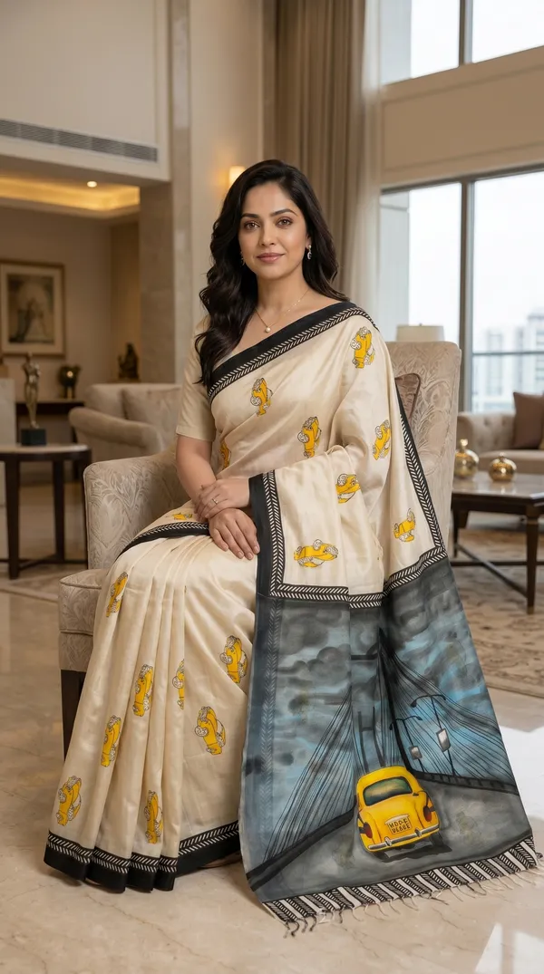 Adibani_Kolkata_Taxi_Tales_Ivory_Cotton_Hand-Painted_Saree_-_Pallu_Canvas_Collection