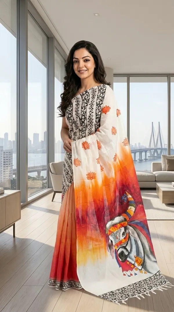 Adibani_Nandi_Utsav_White_Orange_Cotton_Hand-Painted_Saree_-_Pallu_Canvas_Collection