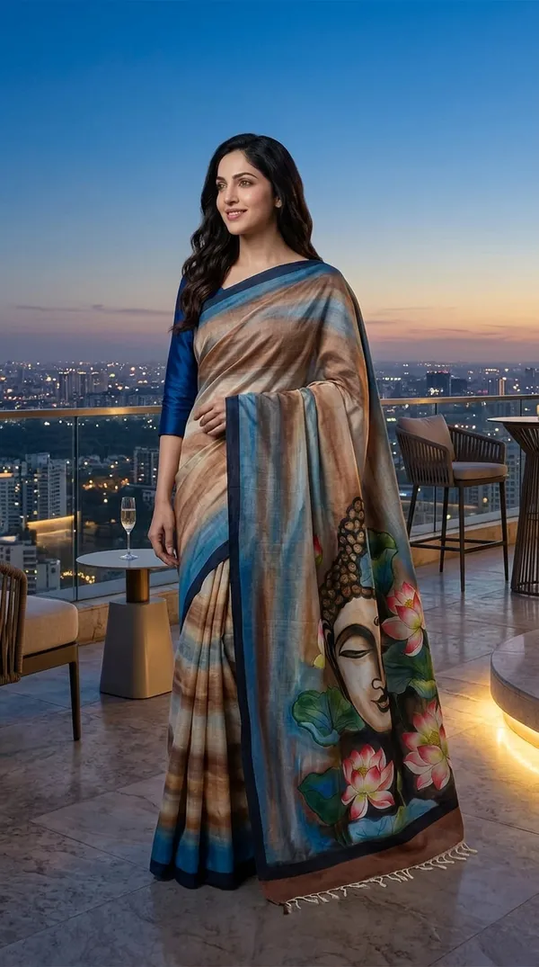 Adibani_Bodhi_Bloom_Brown_Blue_Cotton_Hand-Painted_Saree_-_Pallu_Canvas_Collection