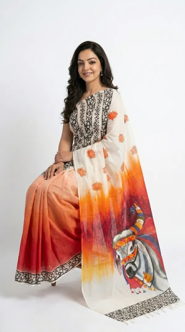 Adibani_Nandi_Utsav_White_Orange_Cotton_Hand-Painted_Saree_-_Pallu_Canvas_Collection