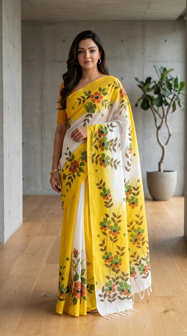 Yellow_Cotton_Floral_Saree_For_Women