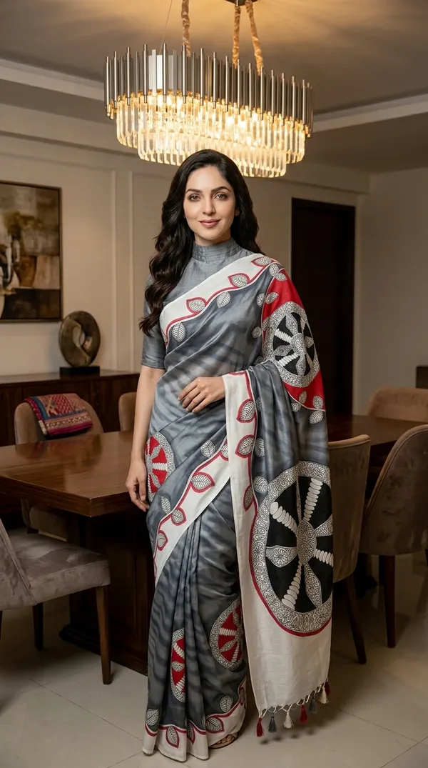 Adibani_Chakra_Rekha_Grey_And_Black_Cotton_Hand-Painted_Saree_-_Pallu_Canvas_Collection