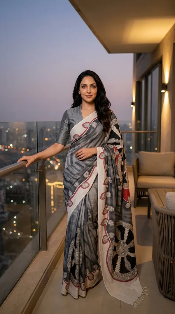 Adibani_Chakra_Rekha_Grey_And_Black_Cotton_Hand-Painted_Saree_-_Pallu_Canvas_Collection