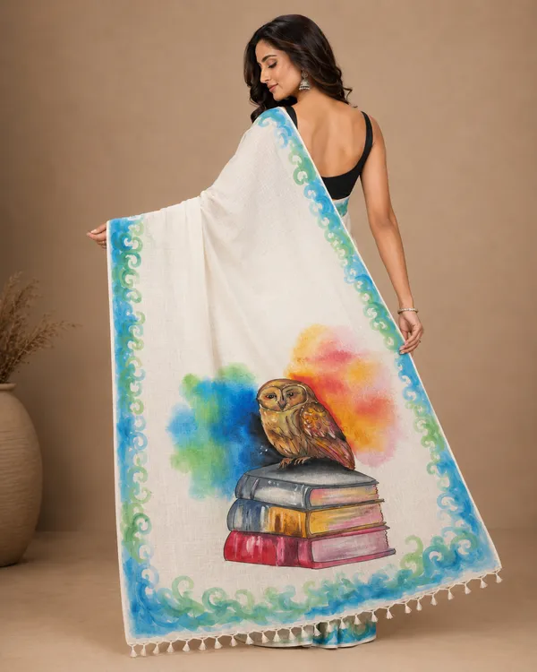 Adibani_Bodhi_Owl_White_Blue_Cotton_Hand-Painted_Saree_-_Pallu_Canvas_Collection
