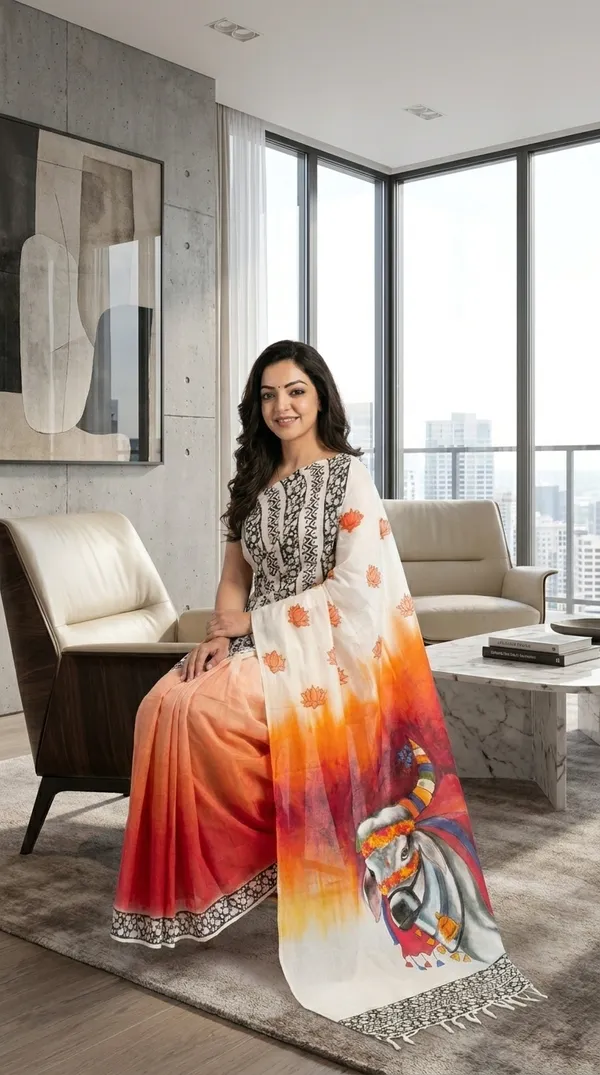 Adibani_Nandi_Utsav_White_Orange_Cotton_Hand-Painted_Saree_-_Pallu_Canvas_Collection