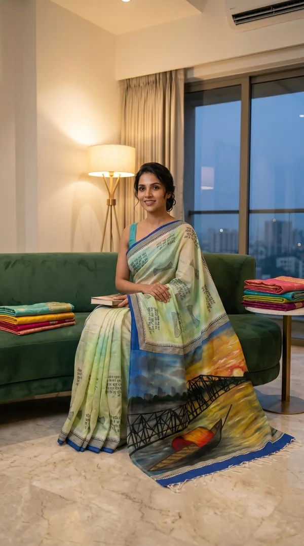 Adibani_Howrah_Reverie_Mint_Green_Cotton_Hand-Painted_Saree_-_Pallu_Canvas_Collection