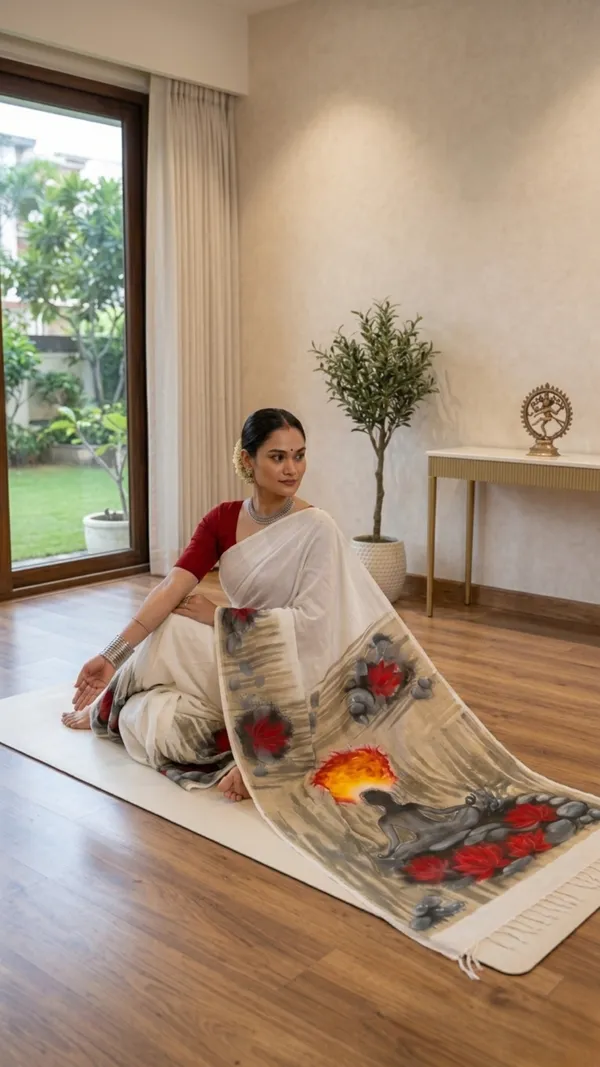Adibani_Shiv_Dhyaan_White_Cotton_Hand-Painted_Saree_-_Pallu_Canvas_Collection