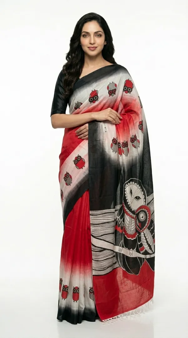 Adibani_Crimson_Moon_Owl_Red_And_Black_Cotton_Hand-Painted_Saree_-_Pallu_Canvas_Collection
