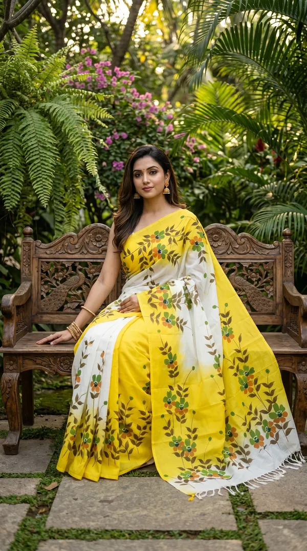 Yellow_Cotton_Floral_Saree_For_Women