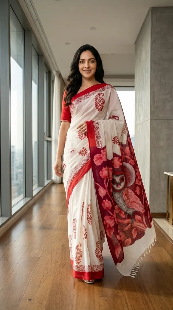 Adibani_Crimson_Moon_Owl_White_Red_Cotton_Hand-Painted_Saree_-_Pallu_Canvas_Collection