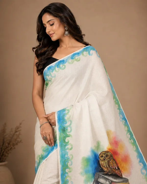 Adibani_Bodhi_Owl_White_Blue_Cotton_Hand-Painted_Saree_-_Pallu_Canvas_Collection