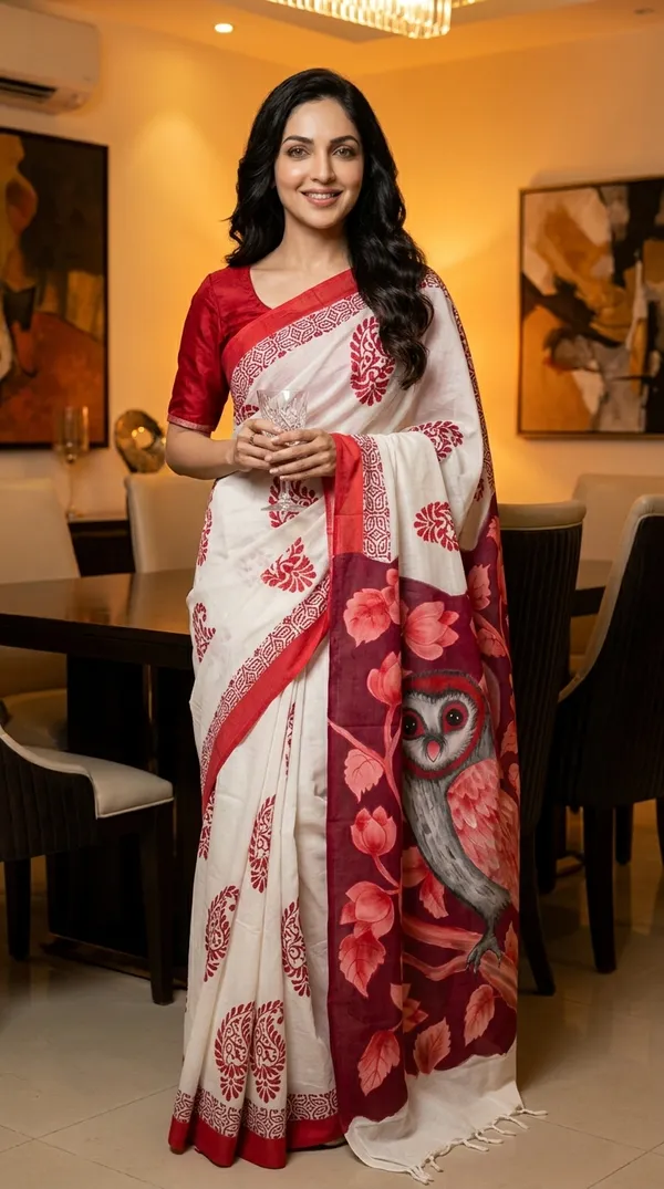 Adibani_Crimson_Moon_Owl_White_Red_Cotton_Hand-Painted_Saree_-_Pallu_Canvas_Collection