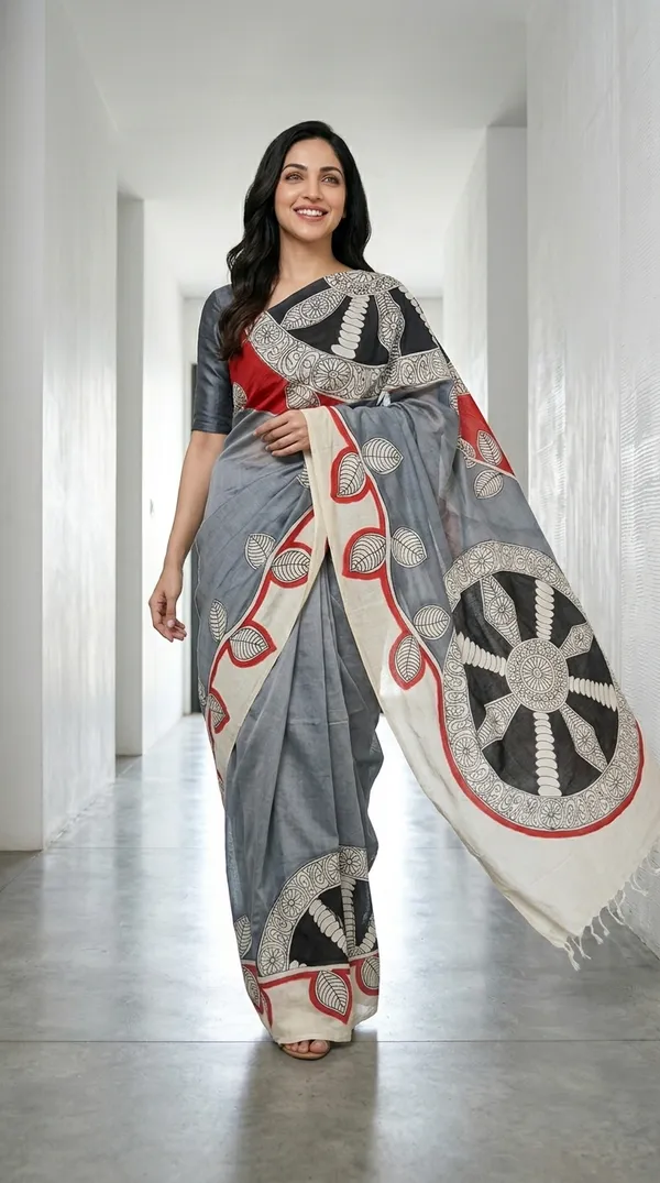 Adibani_Chakra_Rekha_Grey_And_Black_Cotton_Hand-Painted_Saree_-_Pallu_Canvas_Collection