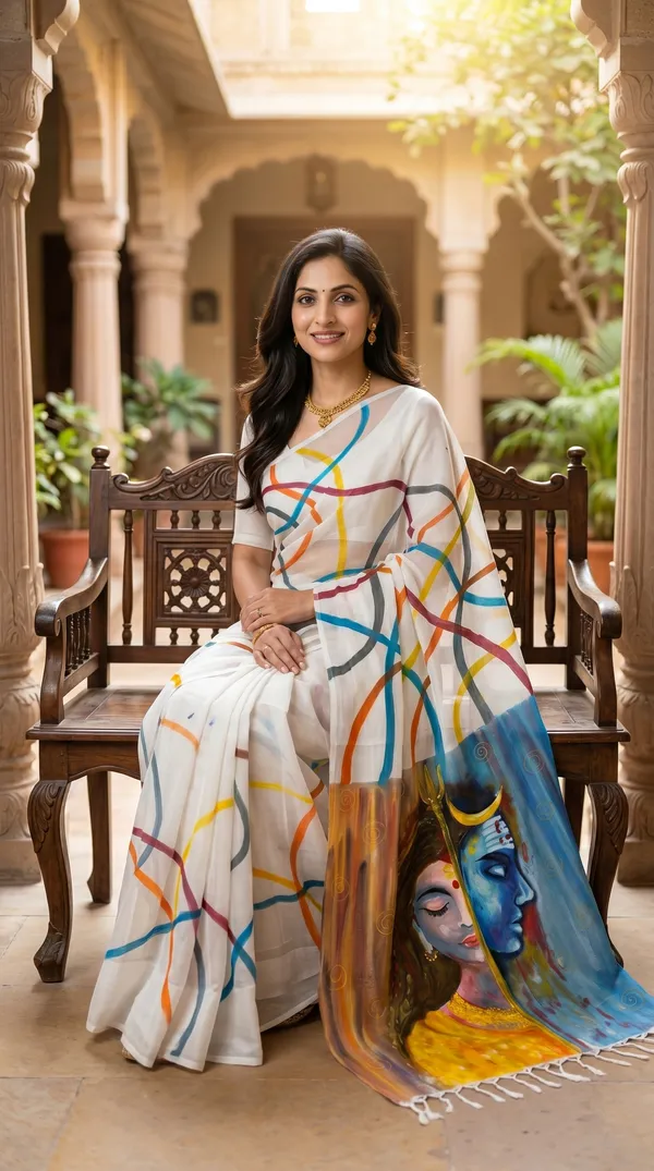 Adibani_Divine_Harmony_White_Multicolor_Cotton_Hand-Painted_Saree_-_Pallu_Canvas_Collection