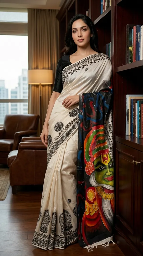 Adibani_Kathakali_Aura_Ivory_Black_Cotton_Hand-Painted_Saree_-_Pallu_Canvas_Collection