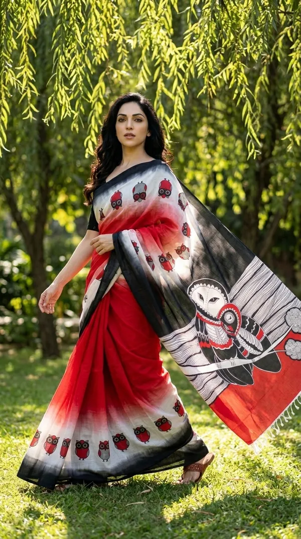 Adibani_Crimson_Moon_Owl_Red_And_Black_Cotton_Hand-Painted_Saree_-_Pallu_Canvas_Collection