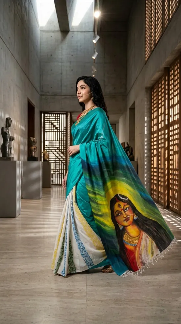 Adibani_Nayika_Glow_Teal_Cotton_Hand-Painted_Saree_-_Pallu_Canvas_Collection