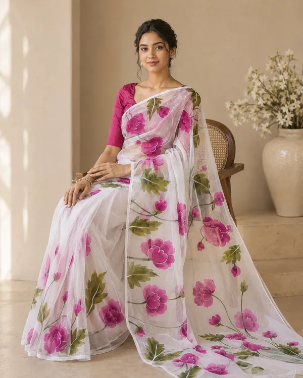 Adibani_Royal_Bloom_White_And_Magenta_Organza_Hand-Painted_Sarees_-_Aranya_Collection