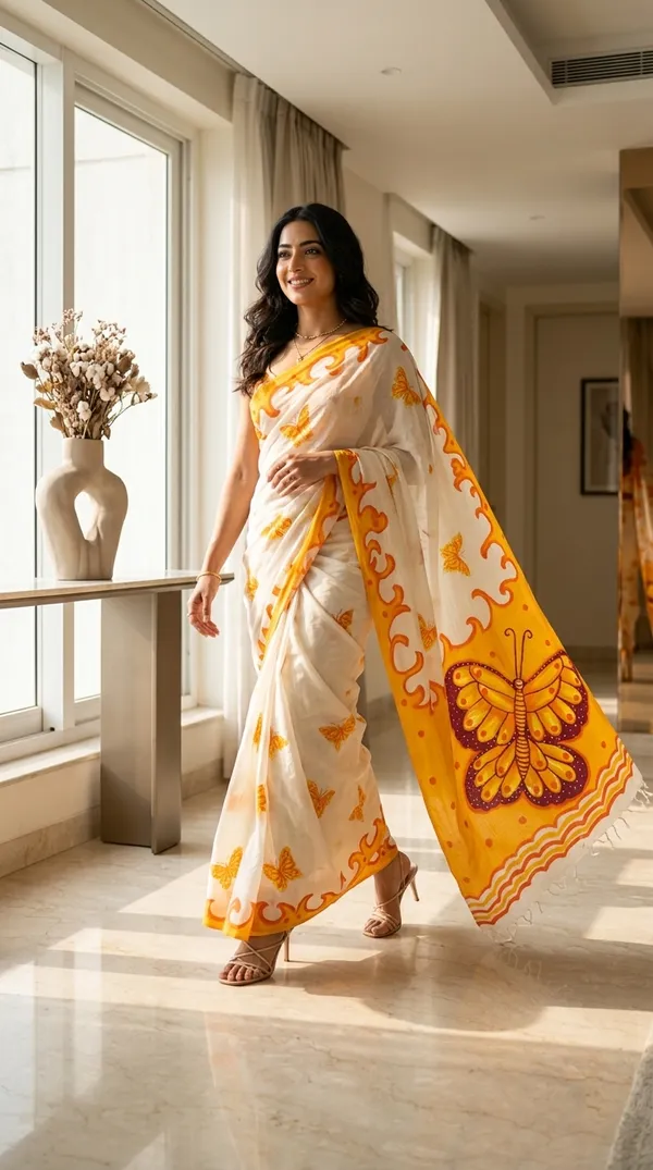 Adibani_Basanti_Titli_White_Yellow_Cotton_Hand-Painted_Saree_-_Pallu_Canvas_Collection