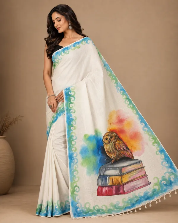 Adibani_Bodhi_Owl_White_Blue_Cotton_Hand-Painted_Saree_-_Pallu_Canvas_Collection