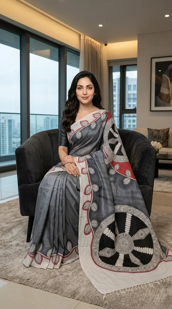 Adibani_Chakra_Rekha_Grey_And_Black_Cotton_Hand-Painted_Saree_-_Pallu_Canvas_Collection