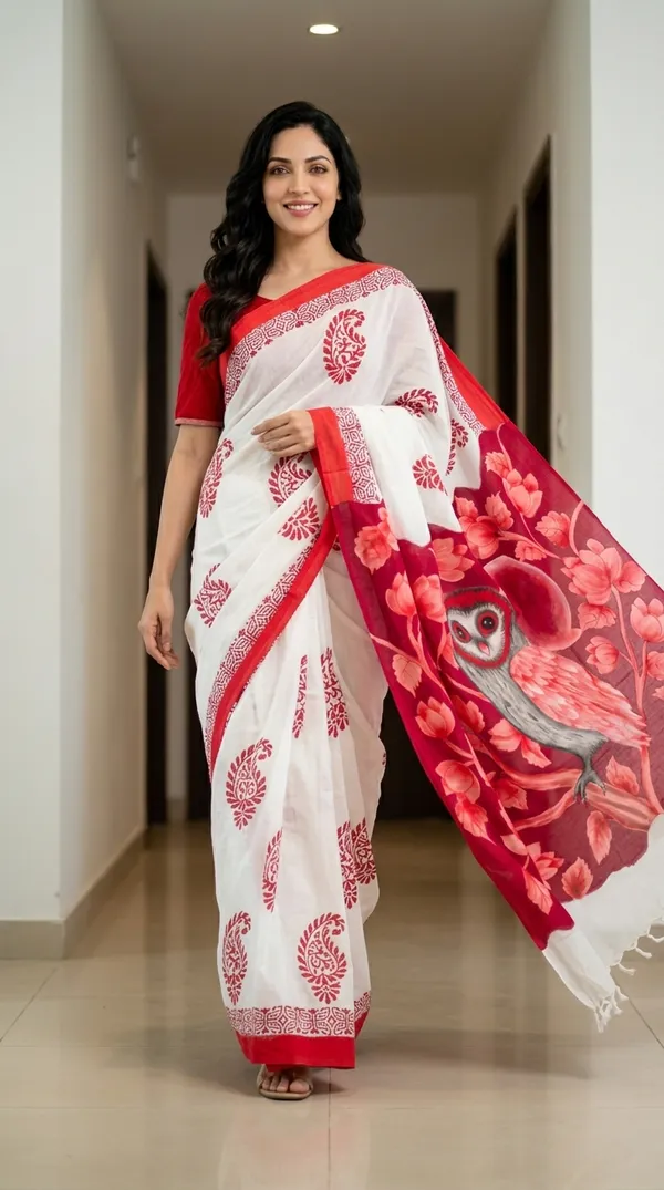Adibani_Crimson_Moon_Owl_White_Red_Cotton_Hand-Painted_Saree_-_Pallu_Canvas_Collection