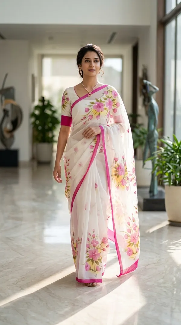White_Cotton_Hand-Painted_Floral_Saree_For_Women