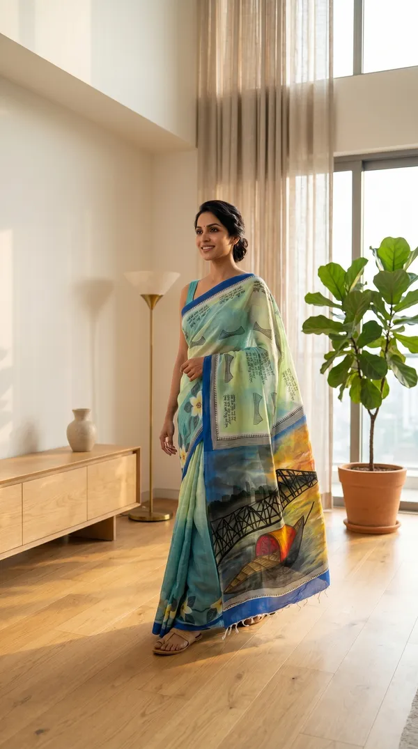 Adibani_Howrah_Reverie_Mint_Green_Cotton_Hand-Painted_Saree_-_Pallu_Canvas_Collection
