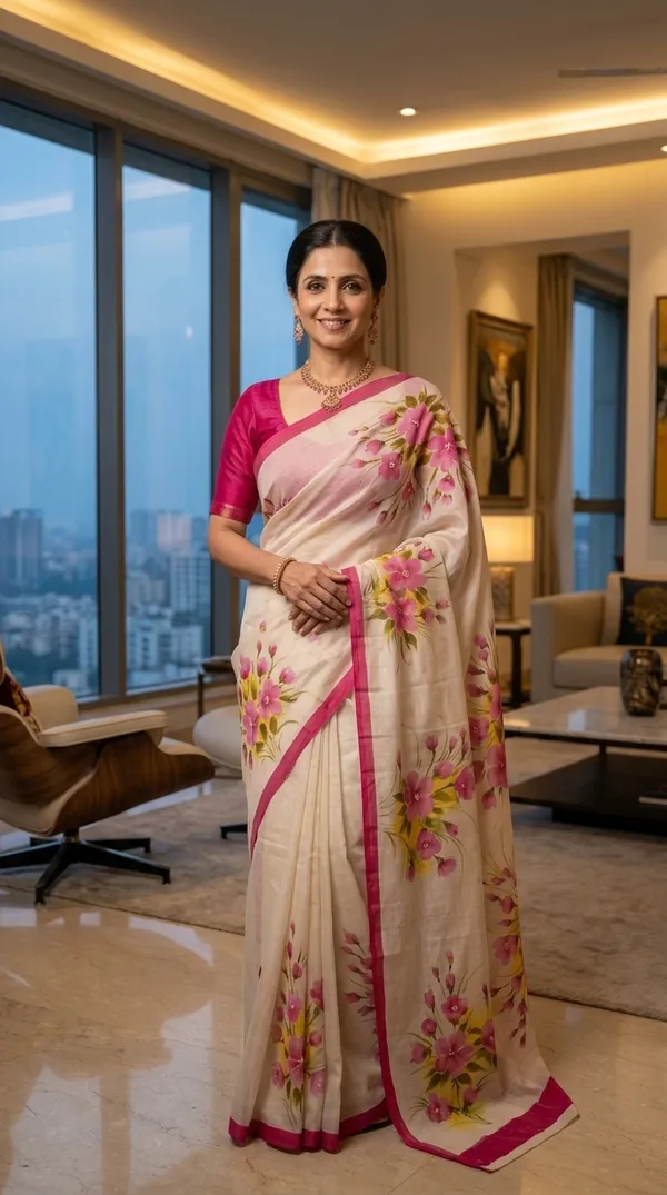White_Cotton_Hand-Painted_Floral_Saree_For_Women