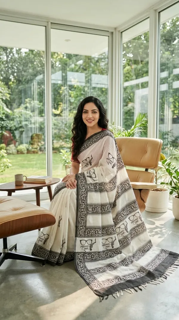 White_Black_Detective_Byomkesh_From_Rangavali_Collection_-_Block_Printed_Cotton_Sarees_By_Adibani