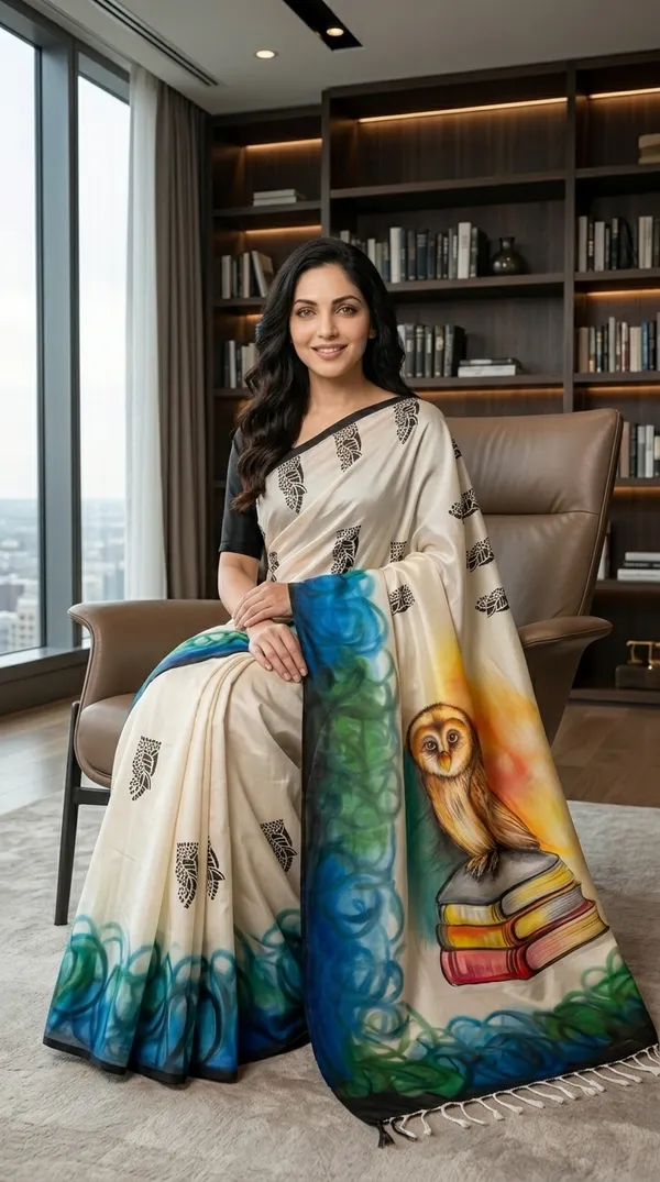 Adibani_Scholar_Owl_Ivory_Blue_Cotton_Hand-Painted_Saree_-_Pallu_Canvas_Collection