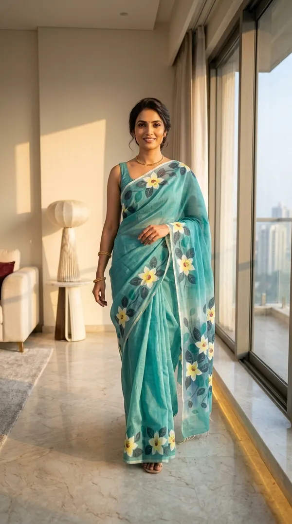 Aqua_Cotton_Floral_Hand-Painted_Saree_For_Women