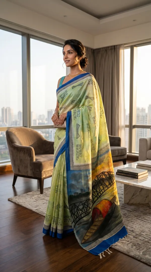 Adibani_Howrah_Reverie_Mint_Green_Cotton_Hand-Painted_Saree_-_Pallu_Canvas_Collection
