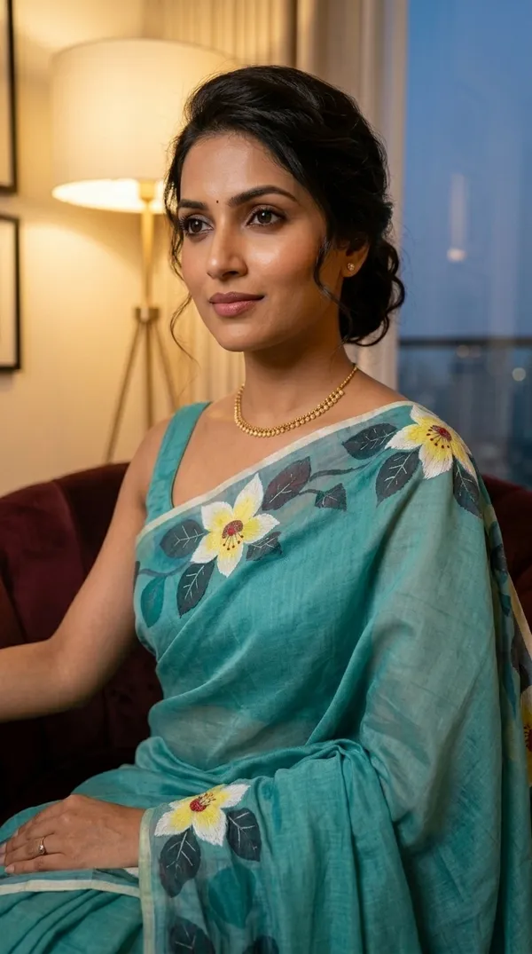 Aqua_Cotton_Floral_Hand-Painted_Saree_For_Women