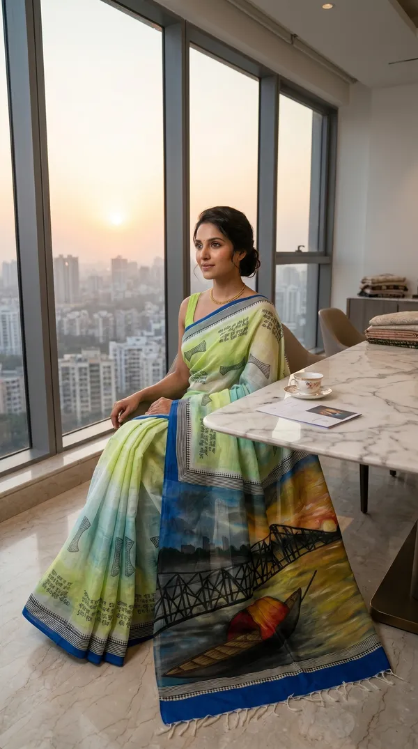 Adibani_Howrah_Reverie_Mint_Green_Cotton_Hand-Painted_Saree_-_Pallu_Canvas_Collection