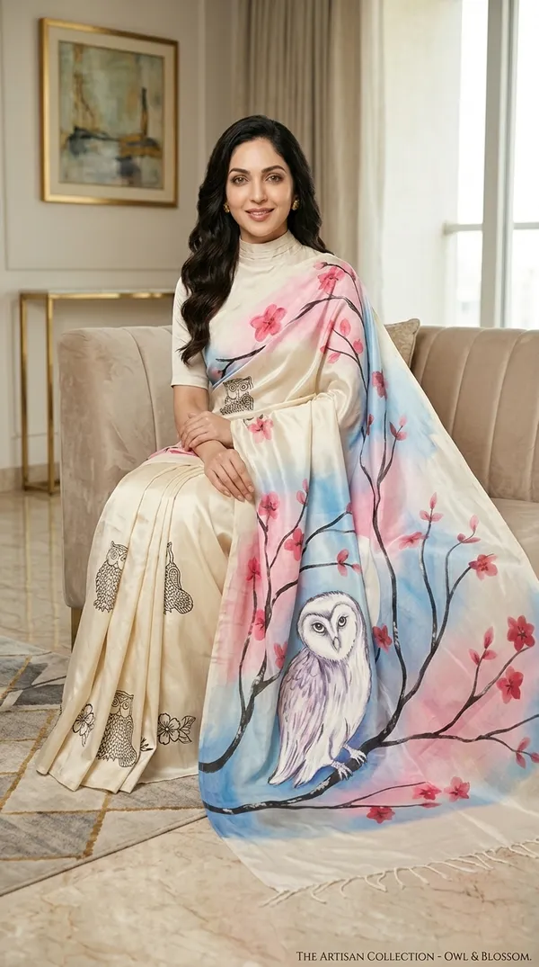 Adibani_Moon_Blossom_Owl_Ivory_Pink_Cotton_Hand-Painted_Saree_-_Pallu_Canvas_Collection