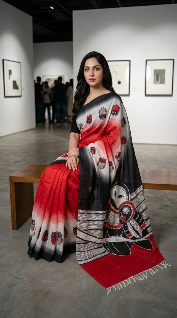 Adibani_Crimson_Moon_Owl_Red_And_Black_Cotton_Hand-Painted_Saree_-_Pallu_Canvas_Collection