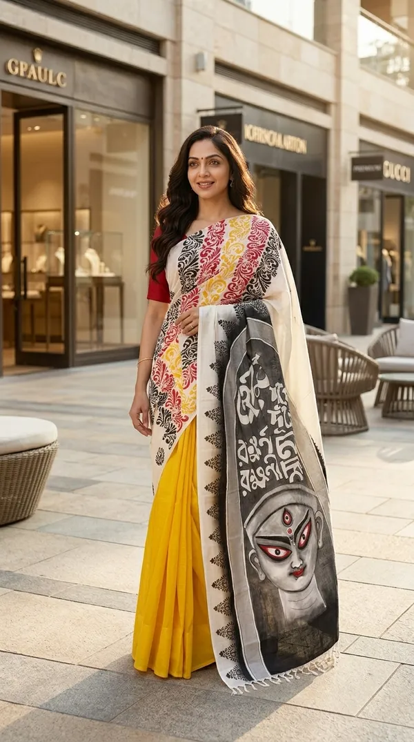 Adibani_Devi_Drishti_White_Yellow_Cotton_Hand-Painted_Saree_-_Pallu_Canvas_Collection