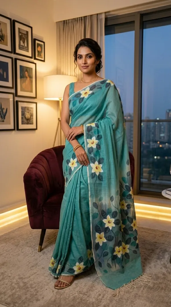 Aqua_Cotton_Floral_Hand-Painted_Saree_For_Women