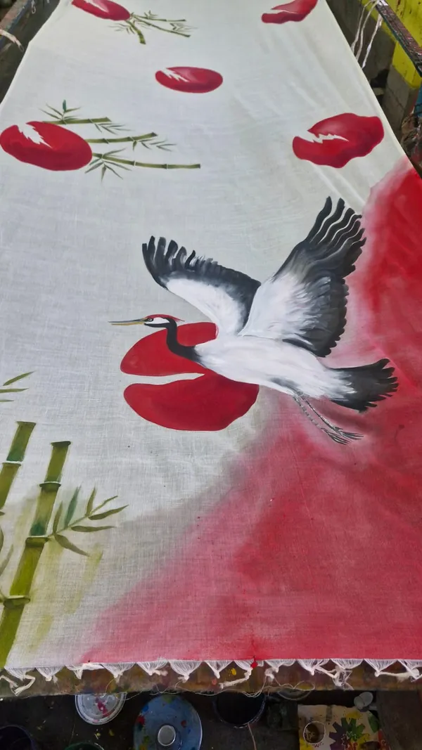 Adibani_Crane_Reverie_White_Red_Cotton_Hand-Painted_Saree_-_Pallu_Canvas_Collection