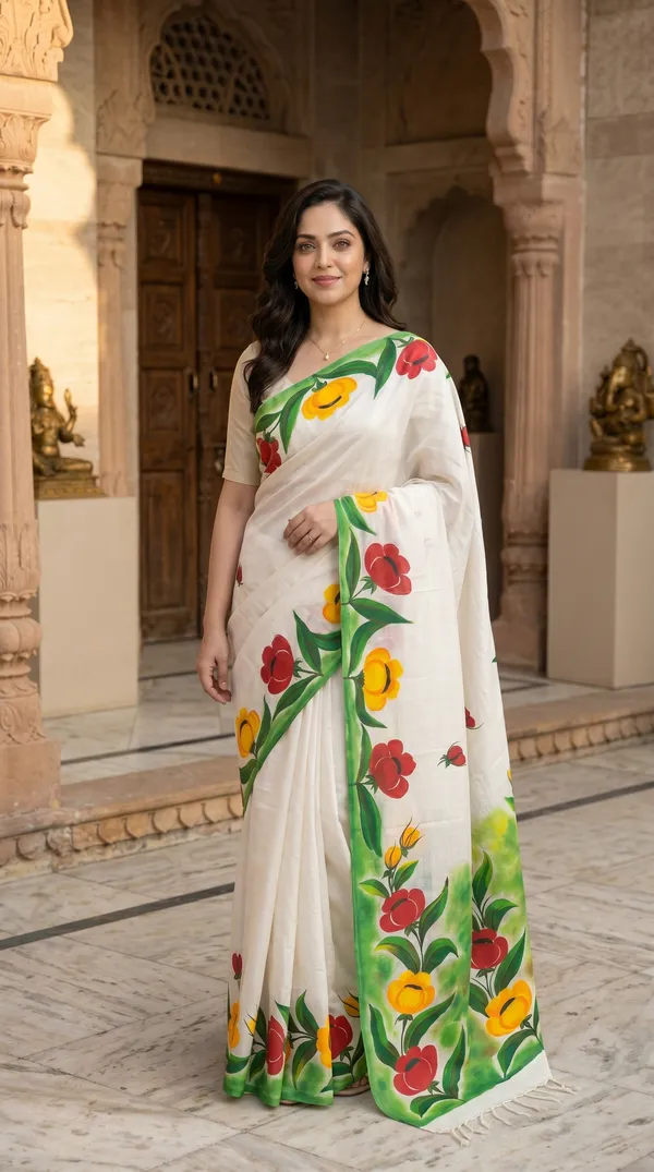 White_Floral_Hand-Painted_Saree_For_Women