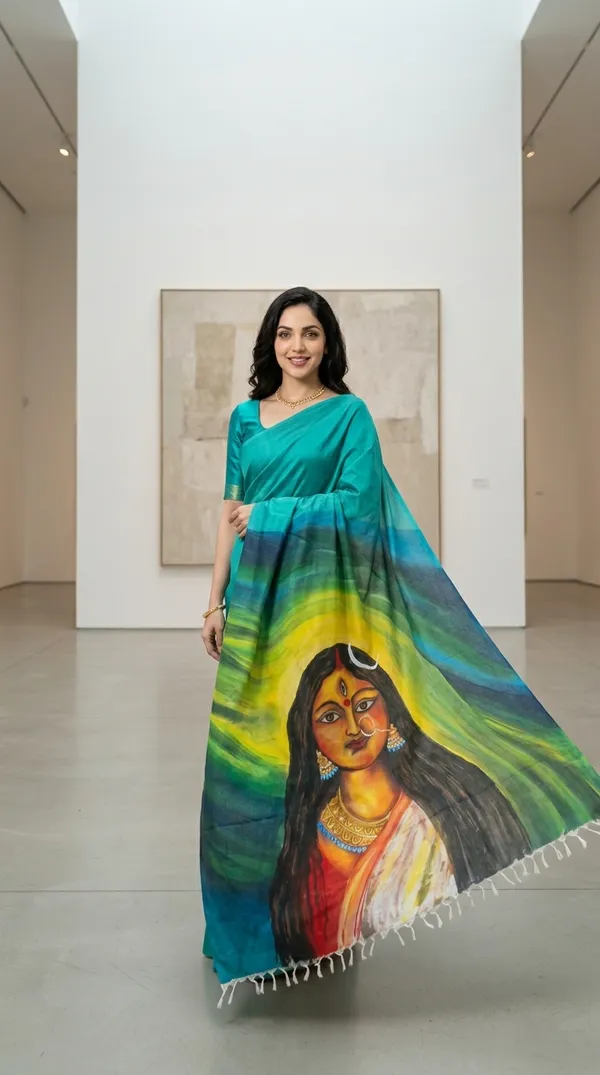 Adibani_Nayika_Glow_Teal_Cotton_Hand-Painted_Saree_-_Pallu_Canvas_Collection