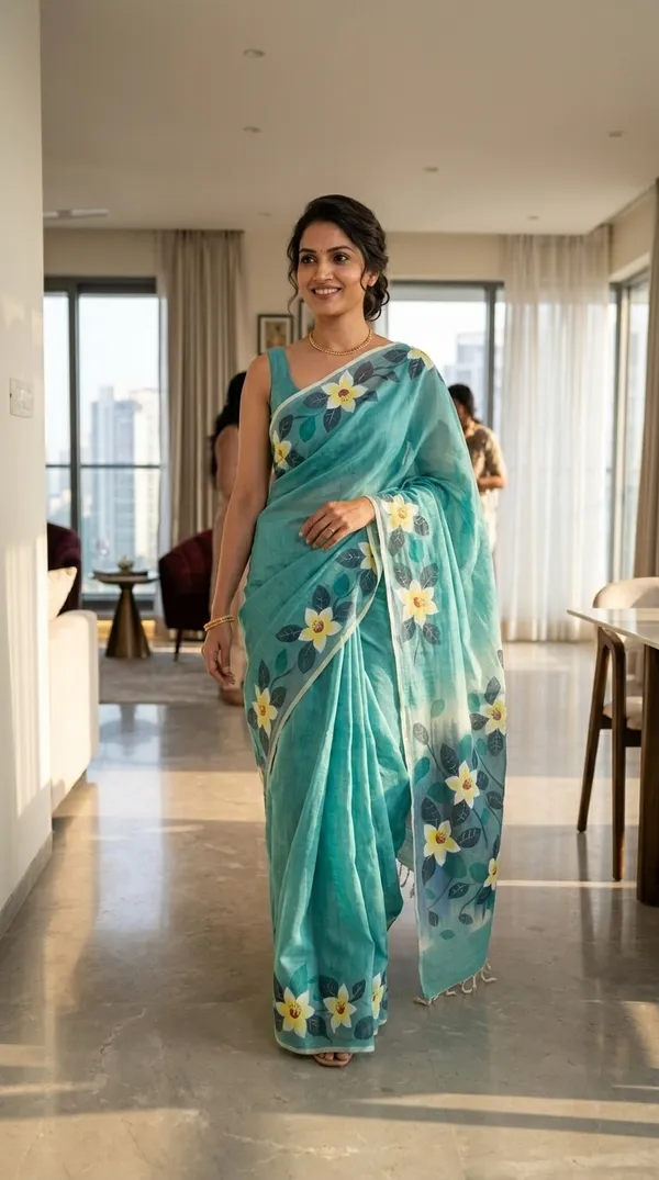 Aqua_Cotton_Floral_Hand-Painted_Saree_For_Women