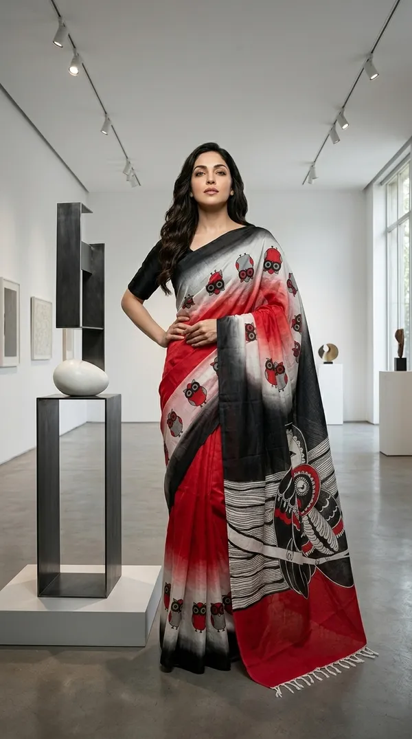 Adibani_Crimson_Moon_Owl_Red_And_Black_Cotton_Hand-Painted_Saree_-_Pallu_Canvas_Collection