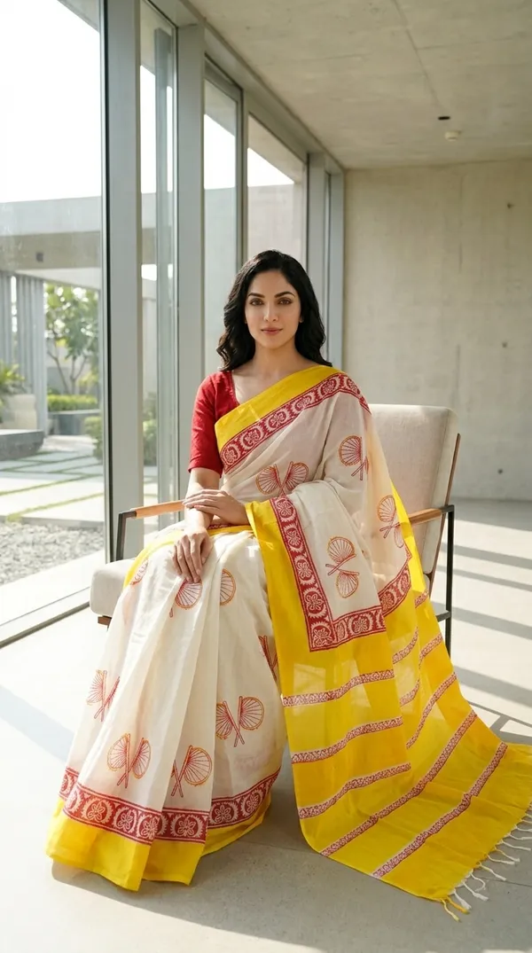 Cream_And_Yellow_Titli_Rekha_From_Rangavali_Collection_-_Block_Printed_Sarees_By_Adibani