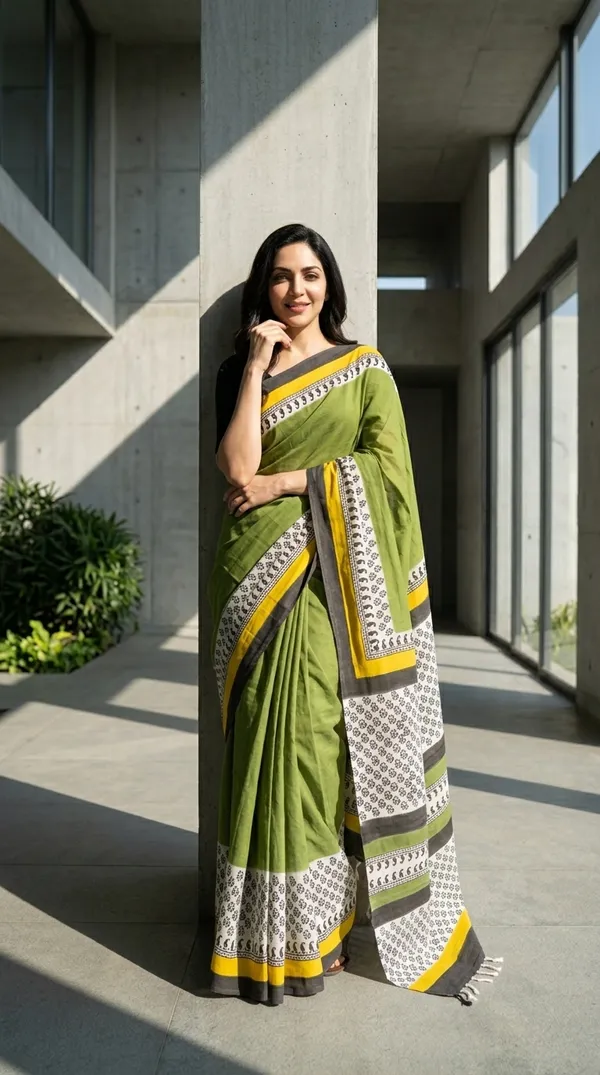 Olive_Green_Harit_Rekha_From_Rangavali_Collection_-_Block_Printed_Sarees_By_Adibani